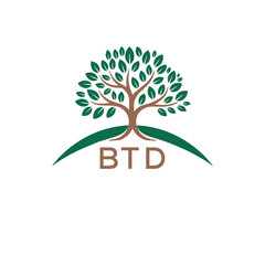 Eco Tree Logo with BTD Text – Green Nature Concept Emblem Design. BTD Letter Logo.

