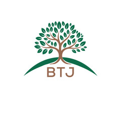 Eco Tree Logo with BTJ Text – Green Nature Concept Emblem Design. BTJ Letter Logo.
