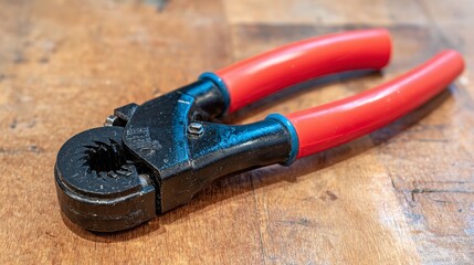 A close up shot of a crimping tool with red handles on a wooden surface in a horizontal orientation