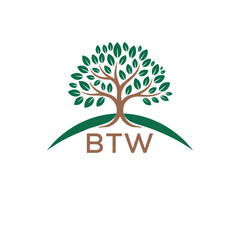 Obraz premium Eco Tree Logo with BTW Text – Green Nature Concept Emblem Design. BTW Letter Logo. 