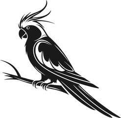 Elegant black and white cockatoo parrot illustration on a branch