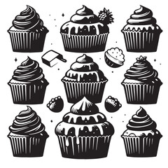 Black Muffins Silhouette Vector, High Quality Illustration on White Background