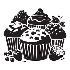 Black Muffins Silhouette Vector, High Quality Illustration on White Background