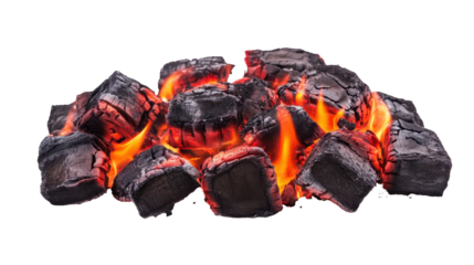 Burning Charcoal Blocks with Glowing Embers and Flames on a Transparent Background