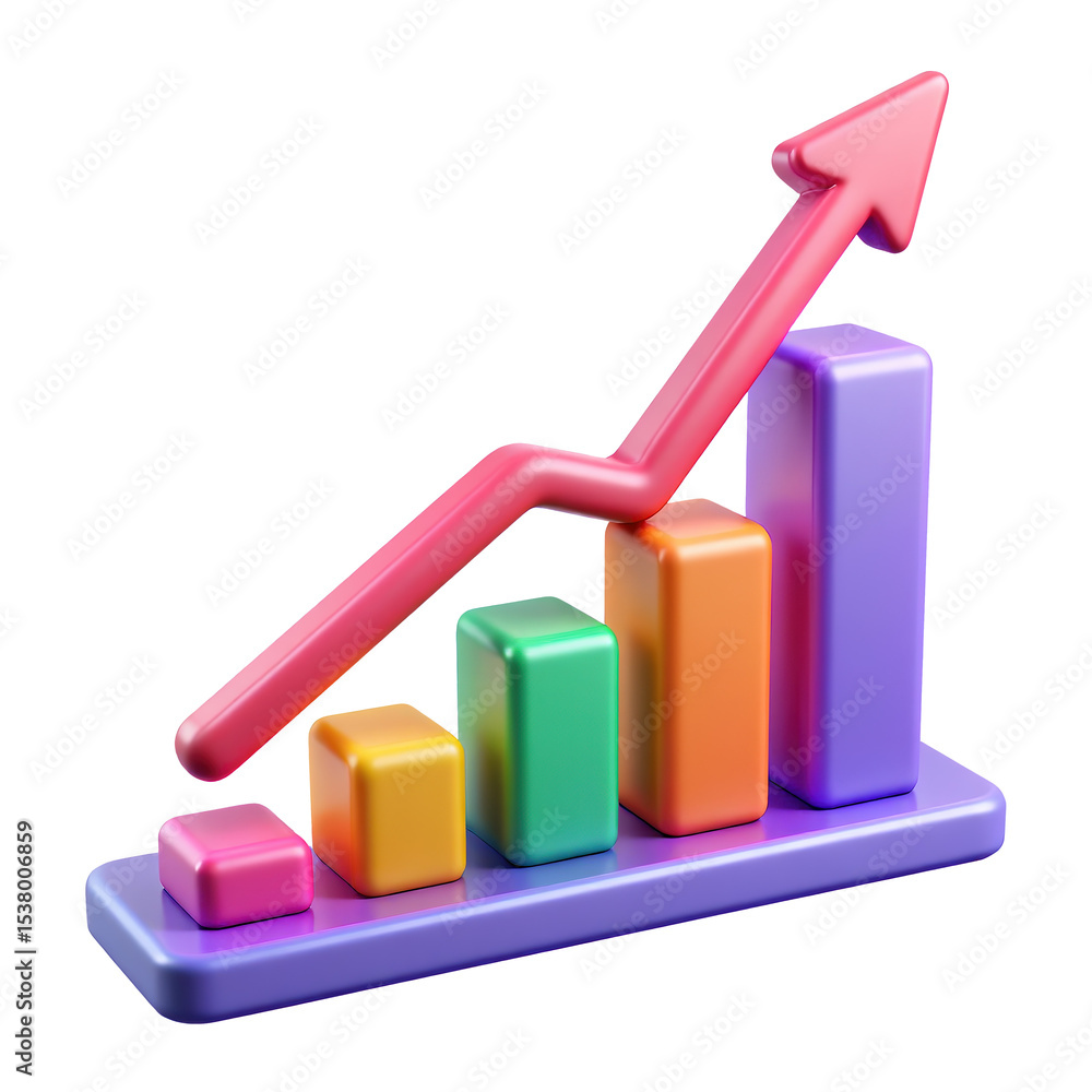 Poster bar graph icon with an upward arrow in vibrant neon holographic style. isolated plastic 3d icon.