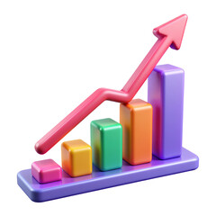 Bar graph icon with an upward arrow in vibrant neon holographic style. Isolated plastic 3D icon.