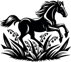 Energetic horse racing past a lush spring field of Lily of the Valley flowers
