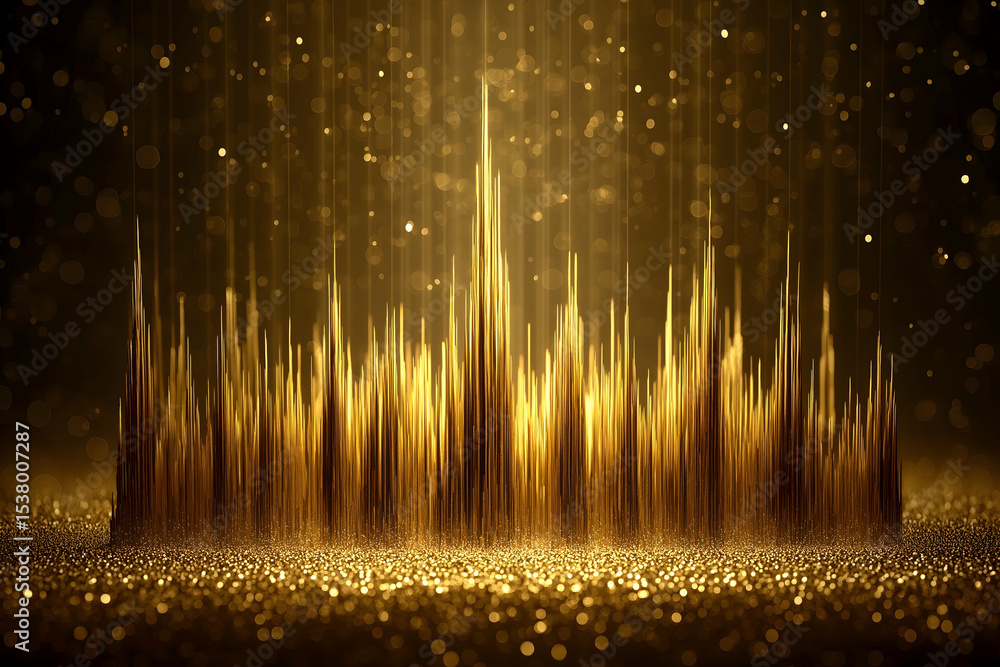Poster abstract golden soundwave or cityscape with shimmering bokeh lights on a dark background, creating a