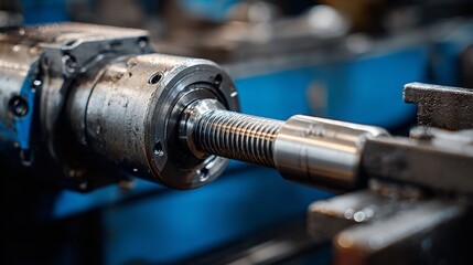 Close up of a metal lathe with a threaded rod extending from it in a workshop setting