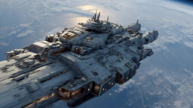 Spaceship orbiting Earth.