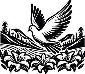 Serene dove hovering above a valley filled with bright and fragrant lilies

