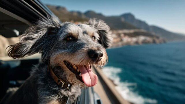 cute merle dog smiling face out of car window enjoy with breeze, car on road at ocean shore 