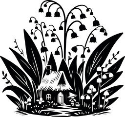 Secret tiny elf village lives peacefully among the fresh green stems of Lily of the Valley