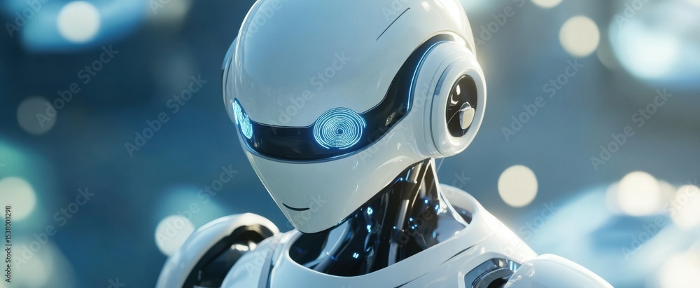 Poster a futuristic humanoid robot with striking glowing eyes stands against a blurred urban backdrop. the 