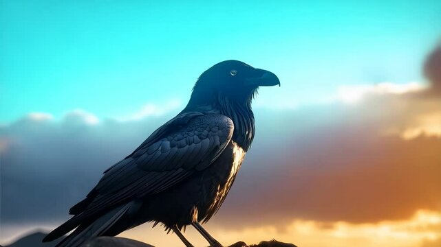 Dramatic black raven perched atop a rock against a sunset sky in a mountain landscape with soft gradient light and atmospheric depth