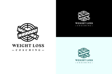 measuring tape wrapped around a circular target vector illustration, logo for fat loss, coaching, workout, exercise, gym, personal trainer, diet plan, health, wellness, weight loss coaching, and more