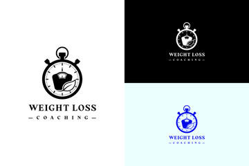 stopwatch with a small scale and leaf vector illustration, logo for coach, gym, personal trainer, running, fat loss, fitness, workout, exercise, diet plan, weight loss, and more