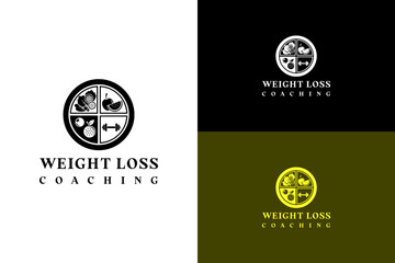 plate divided into sections with salad, fruit, and a dumbbell illustration, vector logo for keto diet, nutrition, diet plan, workout, gym, fat loss, health, weight loss coaching, and more