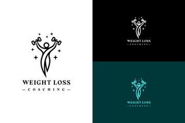 vector illustration of figure lifting light dumbbell with sparkles, logo for personal trainer, coach, gym, workout, exercise, wellness, diet plan, fitness, health, weight loss, fat loss, and more