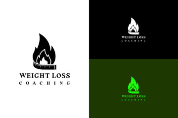 vector illustration of flame combined with a measuring tape, logo for health, fitness, wellness, fat loss, gym, diet plan, workout, exercise, personal trainer, weight loss, and more