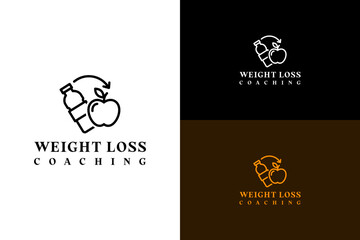 illustration of water bottle and apple with arrow above, vector logo for diet plan, nutrition, health, wellness, fat loss, personal trainer, fitness, keto, weight loss coaching, and more