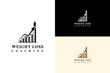 vector illustration of bar graph rising integrated with a slim man, logo for weight loss, fat loss, personal trainer, diet plan, gym, coaching, workout, exercise, health, wellness, fitness, and more
