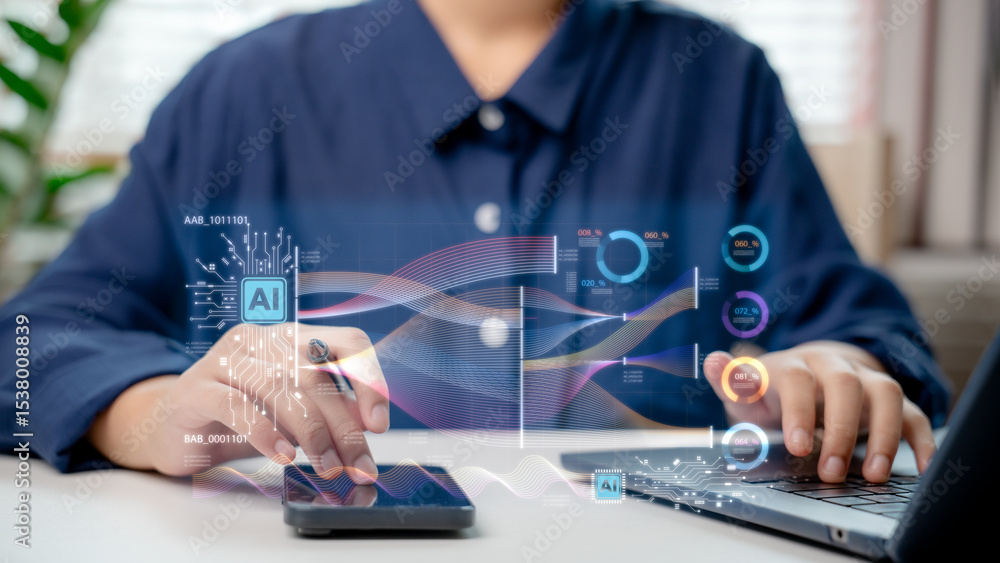 Poster business person analyzing data with ai on laptop and smartphone. futuristic concept of artificial in