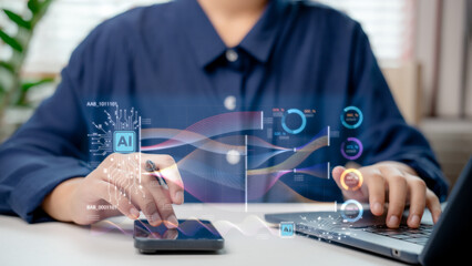 Business person analyzing data with AI on laptop and smartphone. Futuristic concept of artificial intelligence in big data analytics, data visualization, and digital transformation.