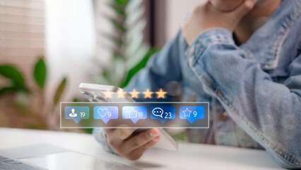 A man using smartphone with social media notification icons for likes, followers, and reviews. Modern digital marketing and online reputation management concept in a connected world.