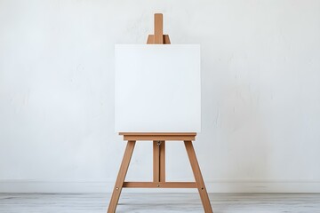 Wooden Easel with Blank Canvas Near White Wall: Ideal Space for Creative Art and Advertising Display