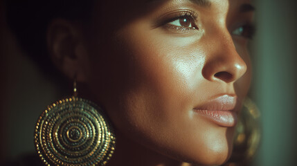 A poised Black woman with bold earrings, exuding quiet confidence and timeless elegance.
