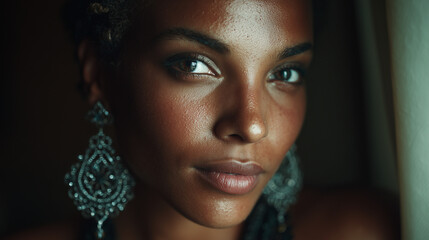 A poised Black woman with bold earrings, exuding quiet confidence and timeless elegance.