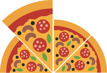 Sliced pizza on white background. Half-eaten, with one slice removed. Fast food, delivery, restaurant, or party menu design.