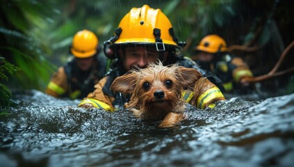 Firefighters rescuing a dog in a raging torrent