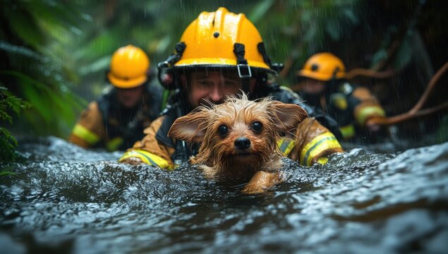 Firefighters rescuing a dog in a raging torrent - Powered by Adobe