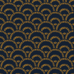 Seamless art deco pattern. Elegant fan motifs in gold and dark tones. Minimalist and luxurious vector design. Vector illustration.