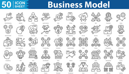 Business Model icon set collection Outline Style direct marketing, statistics, reseller, loyal customer, sales, pricing, digital product, mlm, acquisition, rising, business model, conceptual