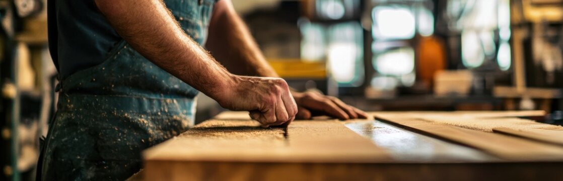 A skilled craftsman focuses on woodworking in a bright workshop environment. The image captures hands working with wood, showcasing meticulous attention to detail in the craftsmanship. - Powered by Adobe