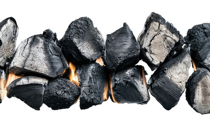 Natural Charcoal Pieces with Orange Flames Visible on Transparent Background