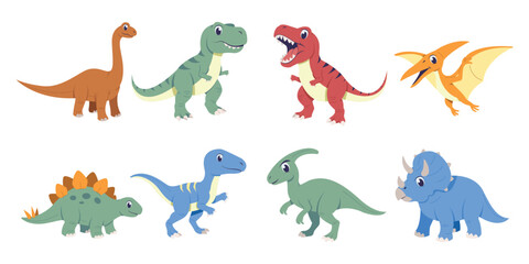 Dinosaurs character Illustration. Brachiosaurus, pterodactyl, tyrannosaurus rex, triceratops, stegosaurus, velocyraptor, parasaurolophus © RenoDevissandy