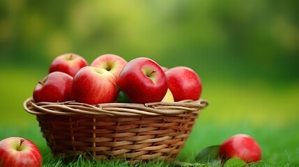 Freshly picked red apples in a wooden basket, solid grass green background.