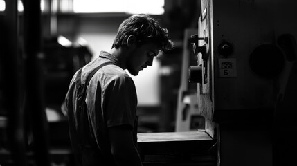 Fototapeta premium A focused young man stands in a workshop, deeply engaged with an industrial machine. This black and white image captures the essence of craftsmanship and dedication in a creative workspace.