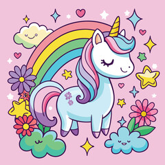 Cute cartoon unicorn with rainbow and flowers