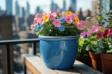 Vibrant flowers in a blue pot on a city balcony