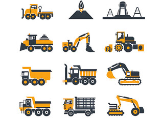 Naklejka premium Collection of construction vehicles including trucks bulldozers and excavators isolated on white background