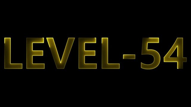 Glowing animated text reading level fifty four isolated against a black background