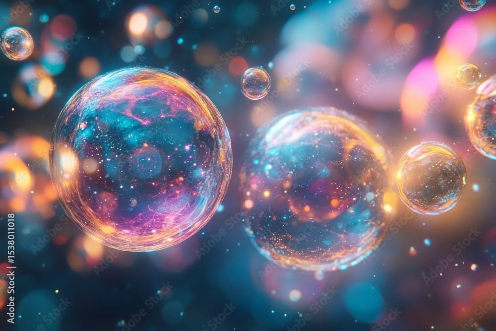 Poster abstract floating spheres with nebula-like textures, cosmic light, and dreamy bokeh effect, evoking 