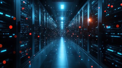 A dark server room with glowing dots representing real-time data flow