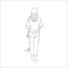 Fototapeta premium 家の中をコードレス掃除機で掃除をしている髪の長い若い女性の後ろ姿の線画イラスト