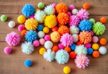 Colorful fluffy pompoms scattered on a wooden surface, education, preschool